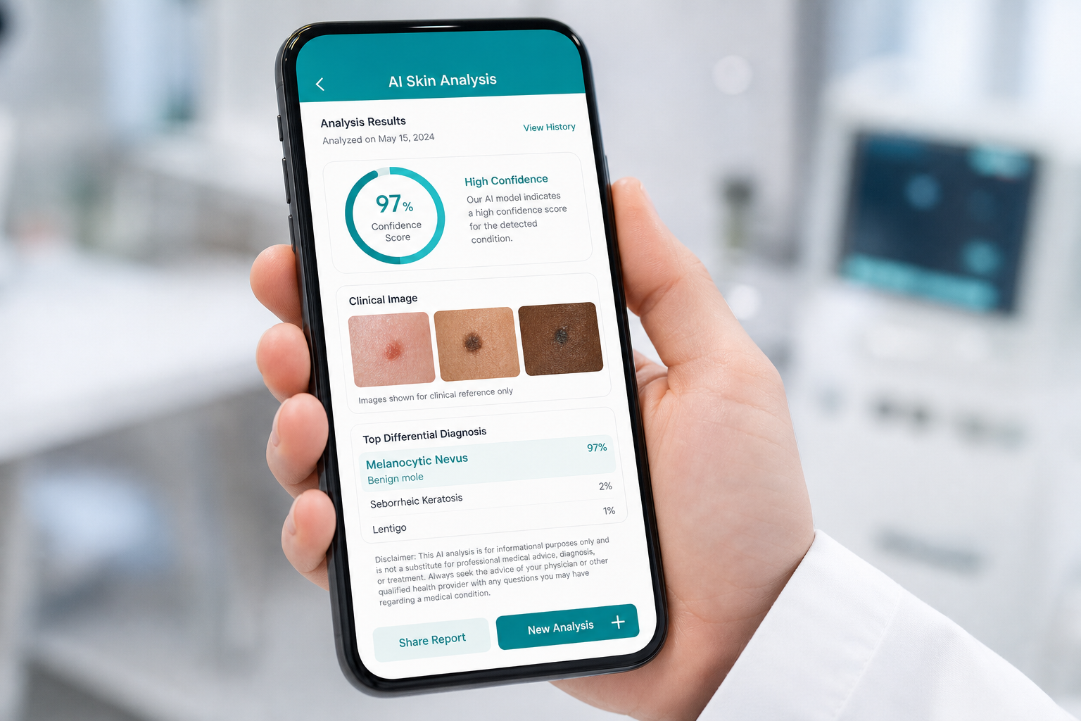 ALCROEN dermatology diagnosis app on smartphone showing 97% confidence result with skin tone analysis