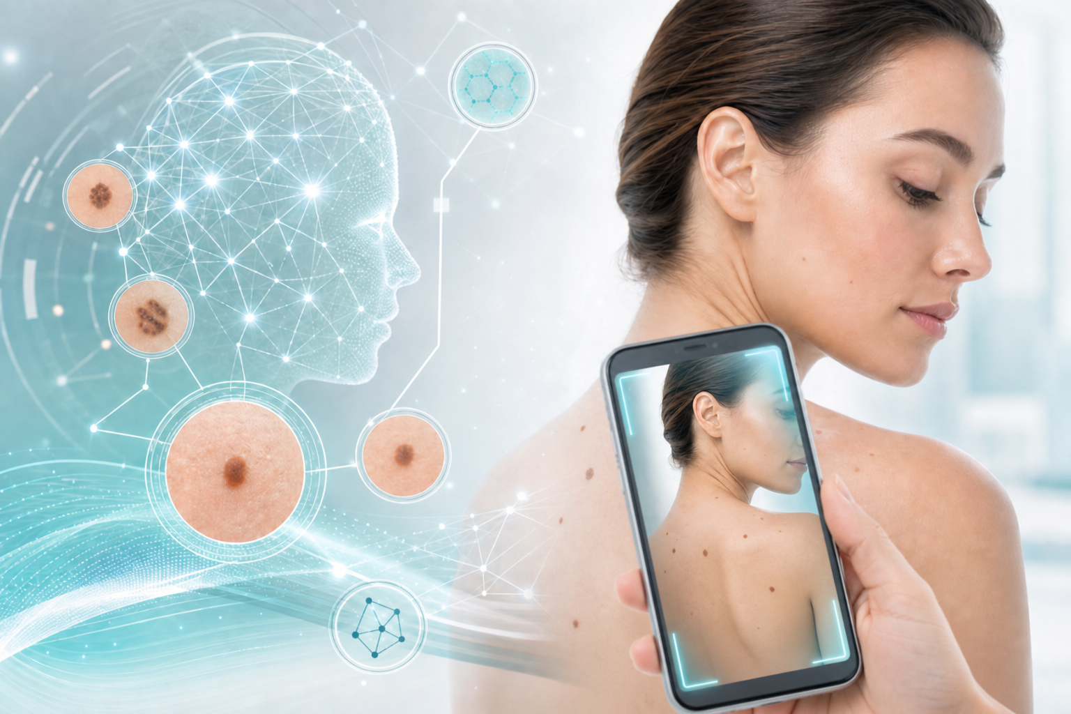 Smartphone capturing a skin photo for AI dermatology analysis with neural network and lesion detection overlays