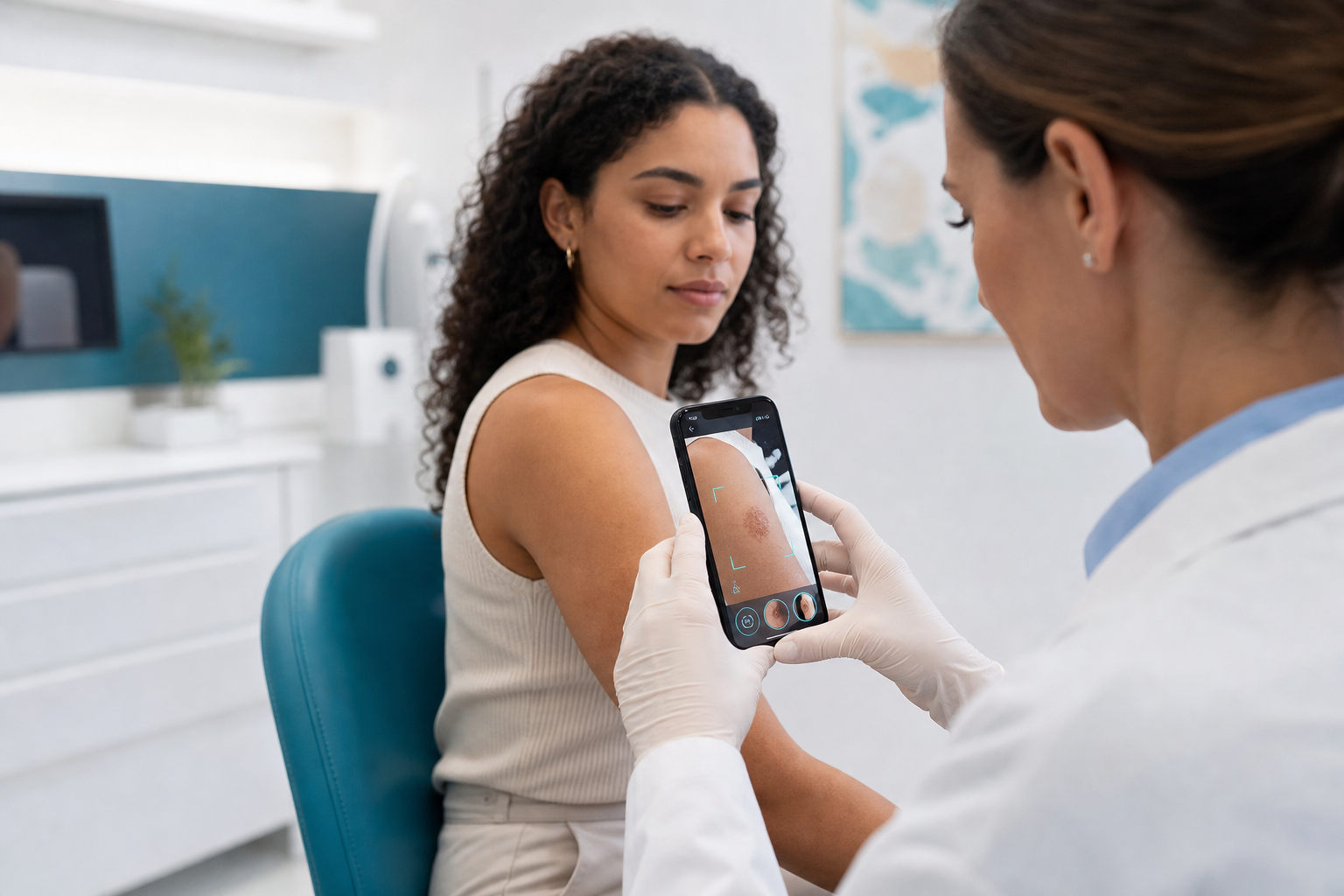 Doctor in a clinic using a smartphone to analyse a patient's skin with AI dermatology software