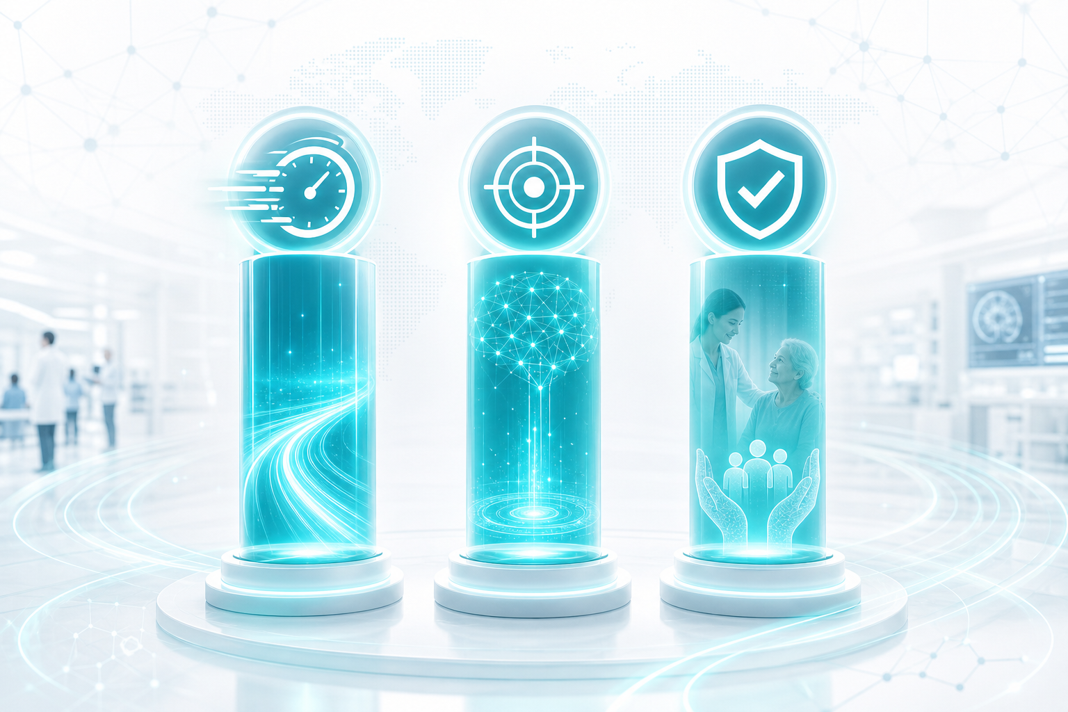 Three pillars representing ALCROEN's speed, accuracy, and clinical trust